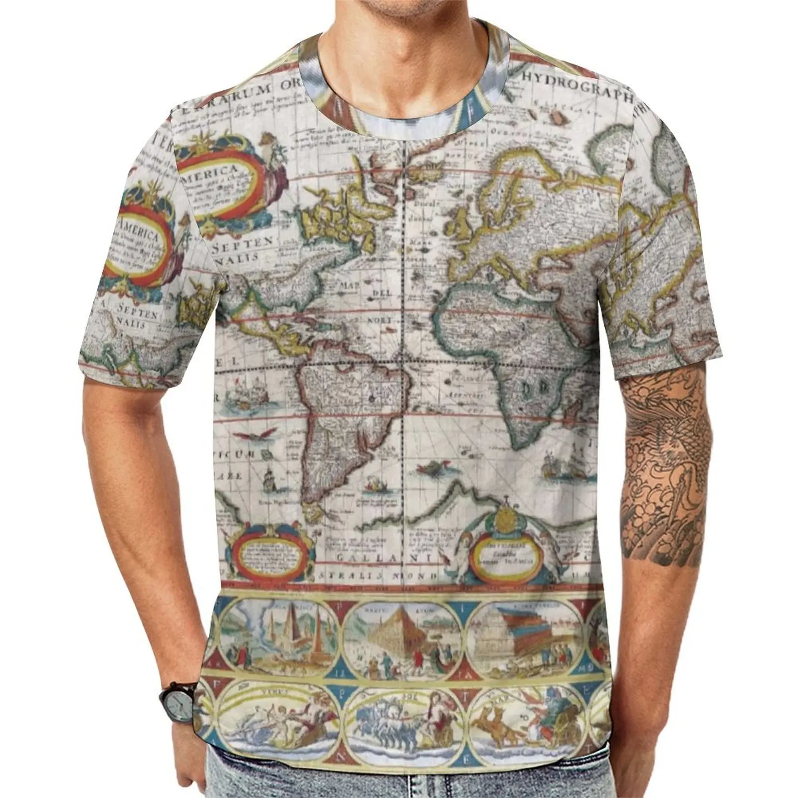 Earth Map T Shirt For Men Antique World Map Custom O Neck T-Shirts Summer Harajuku  Tops Short-Sleeved Streetwear Plus Size Tees
