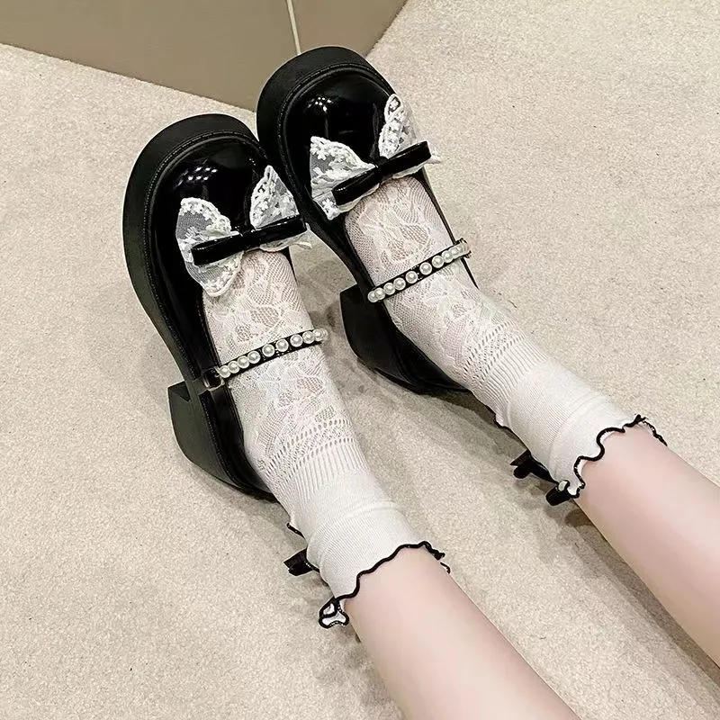 French Mary Jane Shoes for Girls Spring and Autumn New White Pearl Bow Girl Single Shoes Thick Heel Fairy Style Loafers Shoes