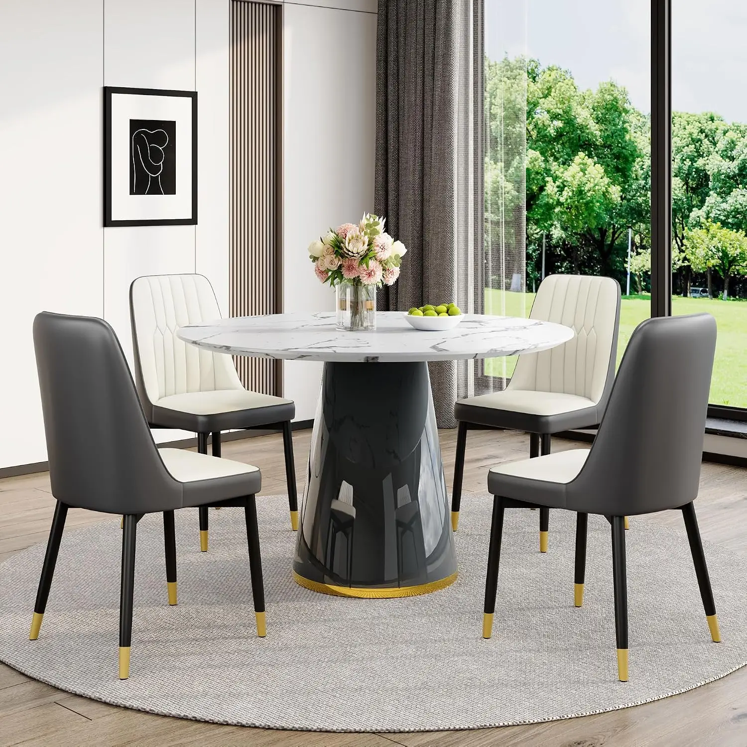 Round Dining Table Set for 4, 45''Marble Grain Dining Room Table Set for 4 with Upholstered Chairs, Modern Dinner Table image 2