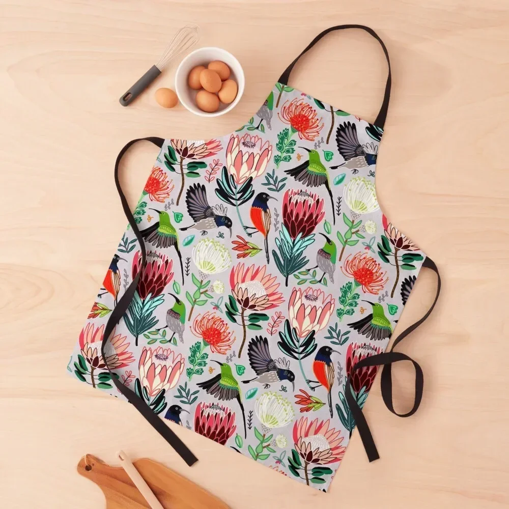 

Sunbirds & Proteas On Grey Apron men Womens Dresses painting Funny Apron