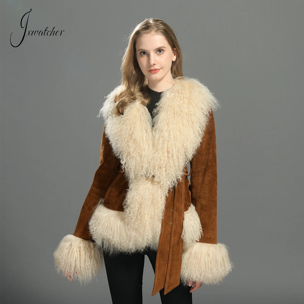 

Jxwatcher Real Suede Leather Jacket with Fluffy Mongolian Sheep Fur Trim Women Autumn Winter Genuine Leather Coat Ladies Outwear