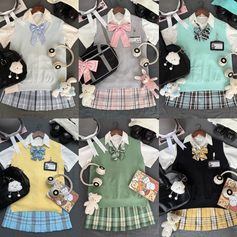 4pc-jk-uniform-plaid-skirt-sweater-vest-shirt-uniform-set-preppy-style-women's-spring-and-summer-layering-japanese-korean-style