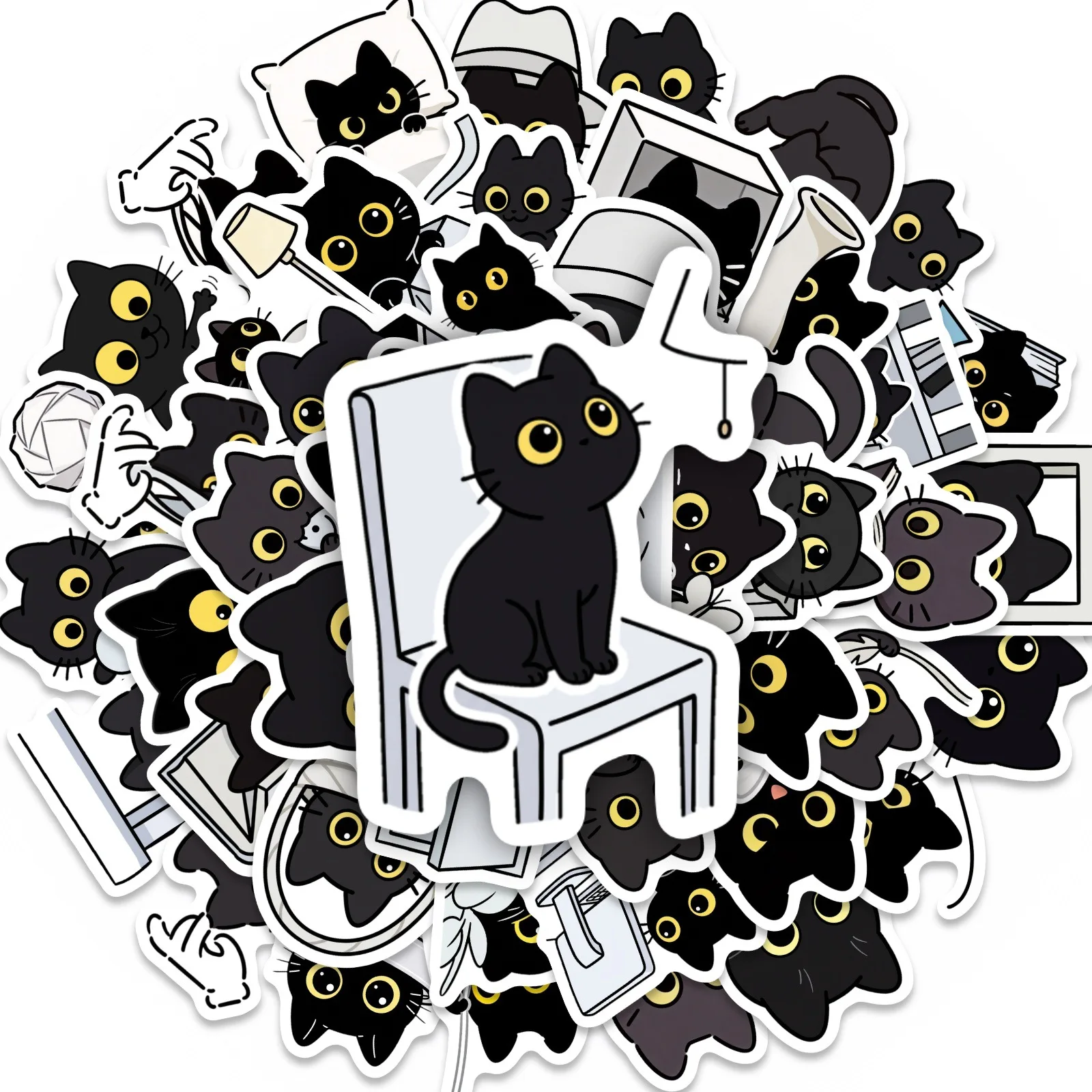 50 Pcs Cute Mischievous Black Cat Stickers, Funny Cartoon Waterproof Vinyl Decals for Journaling & Scrapbooking
