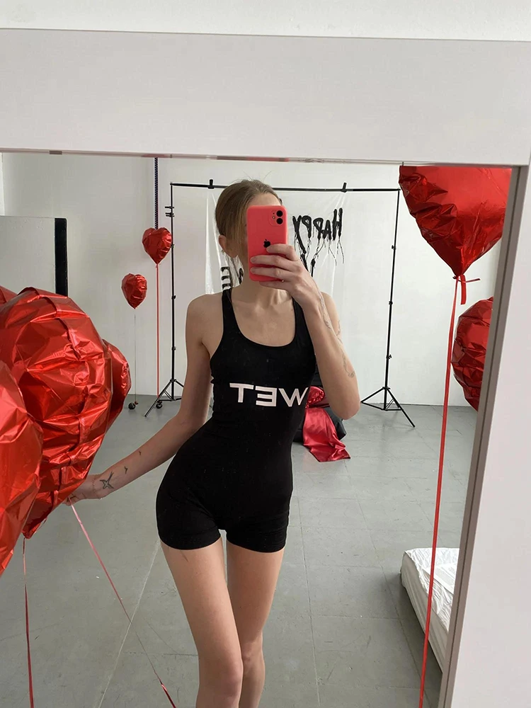 Neue 2025, Sommer-Frauen, sexy Sport-Strampler, durchscheinend, schlank, mit Buchstaben bedruckt, weiß, für Damen, Racerback, ärmellos