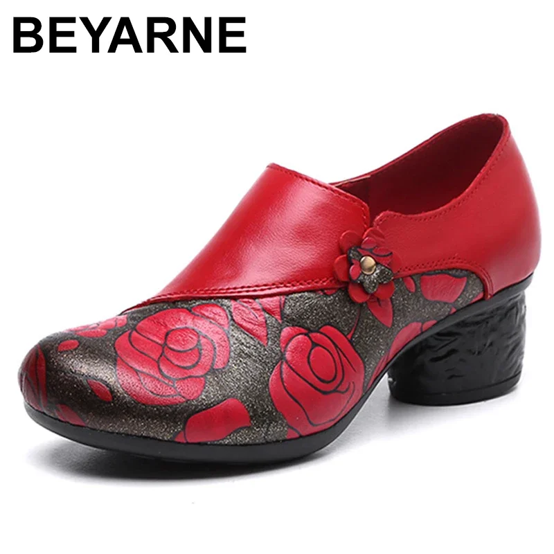 BEYARNE Spring Autumn National Style Women Pumps Flower Printing Round Toe Genuine Leather Women Chunky Heel Shoes Plus Size