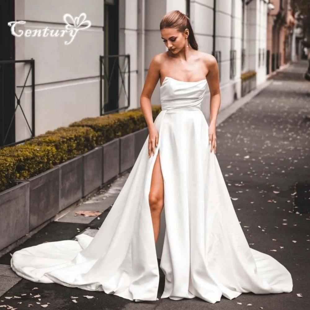 

High Slit Satin Wedding Dresses 2025 Strapless Lace Up Back A Line Elegant Bridal Gowns for Bride vestido de noiva Customized