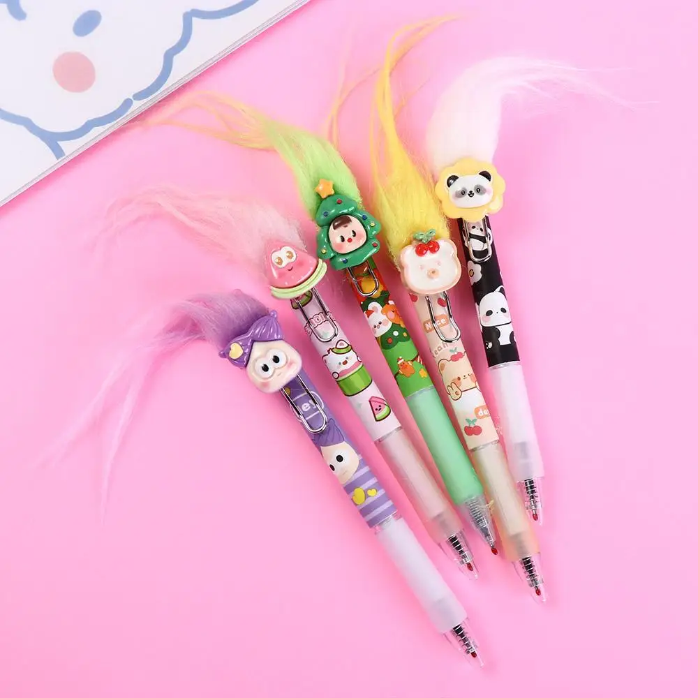 Bolígrafo de Gel neutro Kawaii para niñas, pluma de muñeca de pelo Afro de secado rápido, escritura suave, tinta negra, bolígrafos de tinta de Gel