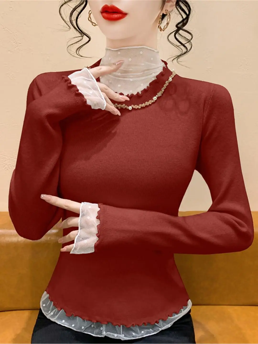 

Retro High Collar Beaded Lace Splicing Knitted Sweater Women's Slim Fit Base irt Autumn Winter Unique Beautiful Color...