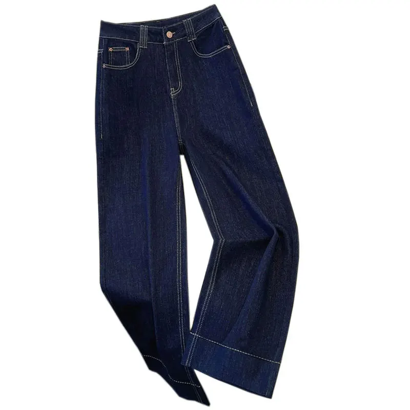 Pantaloni da donna Tasche con chiusura a cerniera con bottoni da donna Pantaloni da donna comodi Jeans casual a gamba larga a vita alta in denim blu navy alla moda