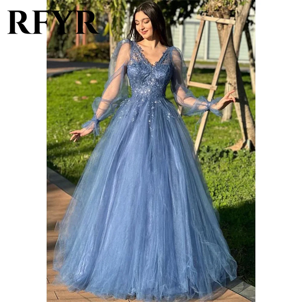 

RFYR Dusty Blue V Neck Evening Dress A Line Puffy Sleeves Prom Dress Sequin Glitter Prom Gown Appliques Evening Gown Customized