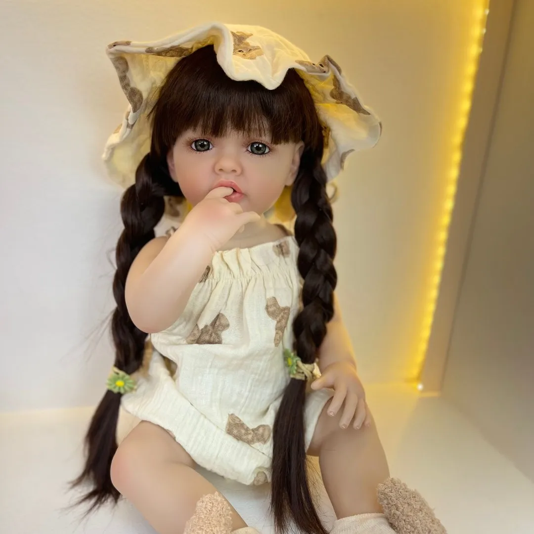 BZDOLL Realistic Lifelike Full Silicone Body Reborn Baby Girl Doll 55 CM 22inch Toy Princess Toddler Bebe with Brown Long Hair