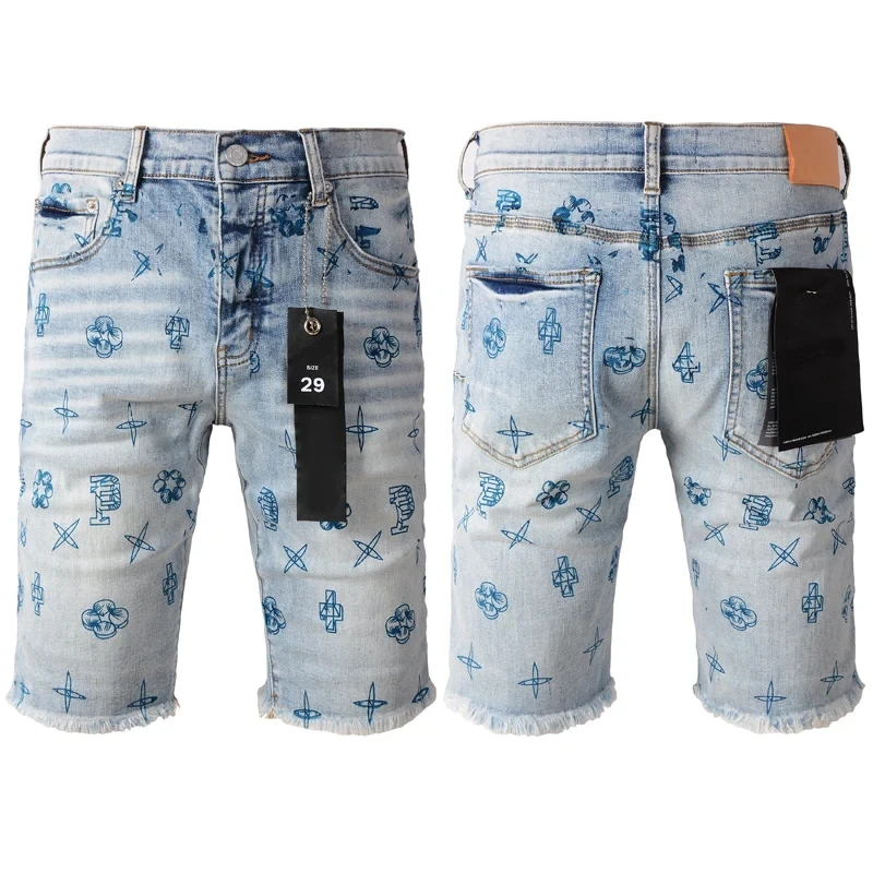 

2024 Fashion Casual Shorts Purple Creative High Quality Blue Print Men Women Youth Vitality Series Denim Shorts