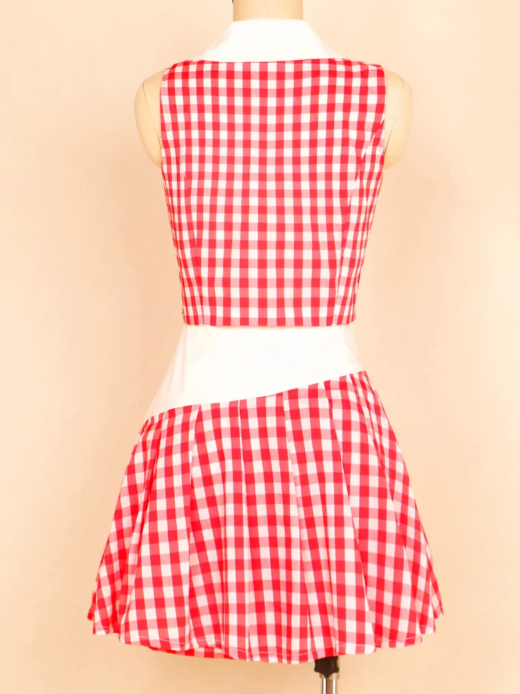 France 1950s Pastoral retro sweet casual holiday red white plaid sleeveles collar button date party Lively cute short skirt suit
