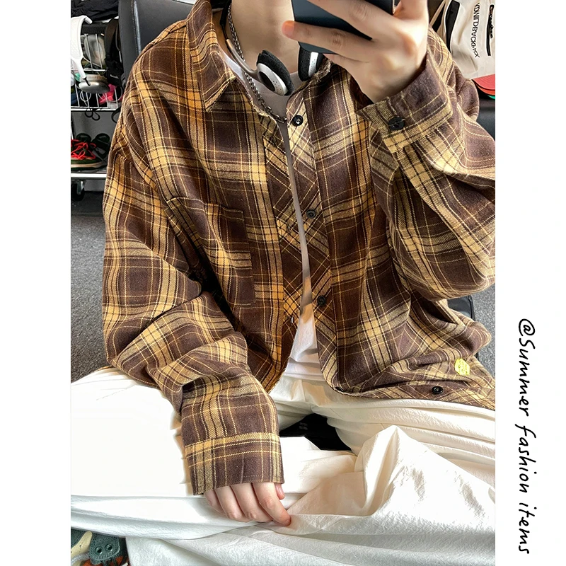 

Autumn Long Sleeved Shirt Men Oversized Fashion Retro Casual Shirt Men Streetwear Korean Loose Plaid Shirts Mens Large Size 5XL