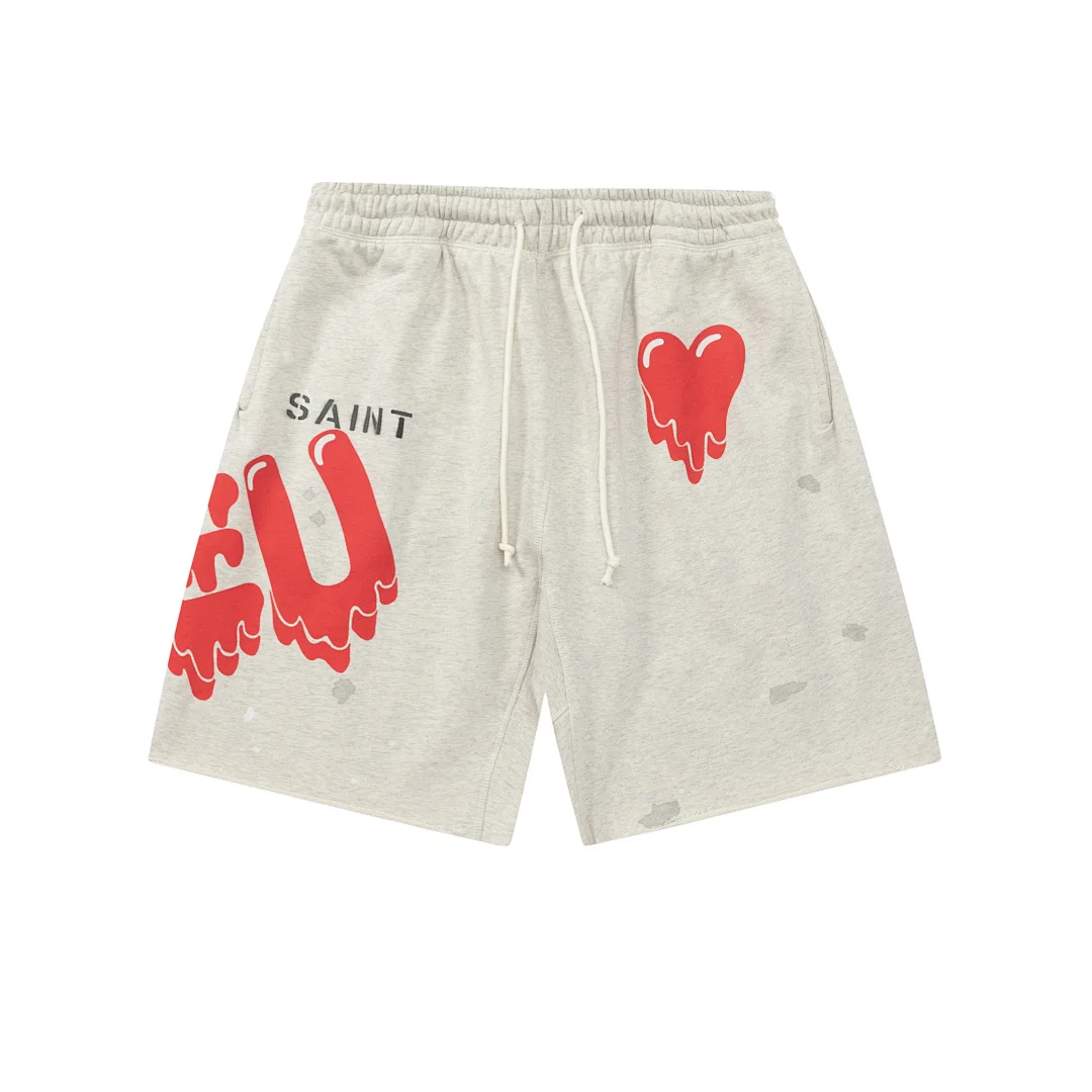 Top Version Saint Dissolving Heart Pattern Men & Women Washed Vintage Distressed Dirty Wash Five-Point Casual Shorts