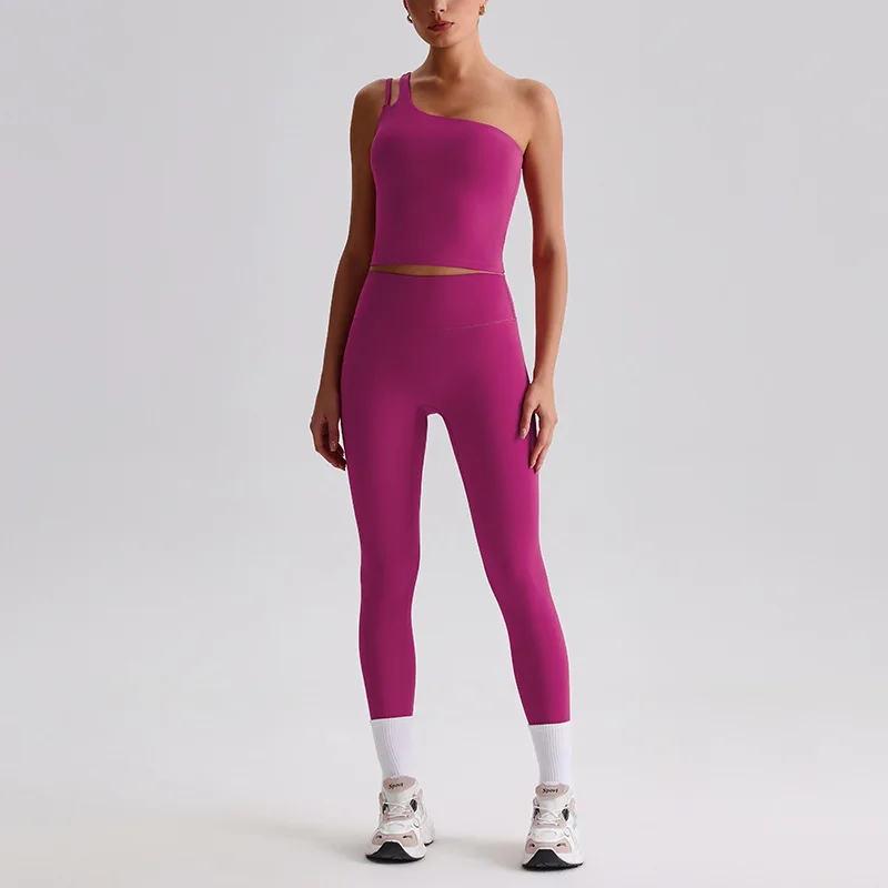 

2PCS Solid Color Yoga Set One Shoulder Bra Top + Tight Leggings Women Fitness Sportswear Polyester Spandex Outfit