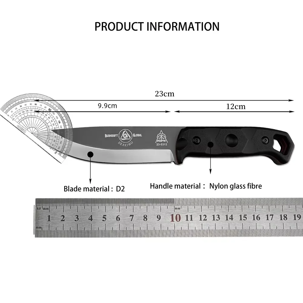 TOPS Brakimo D2 Steel Fixed Blade Knife Nylon Fiberglass Handle with K-sheath Sheath, Suitable for Camping Rescue Fishing