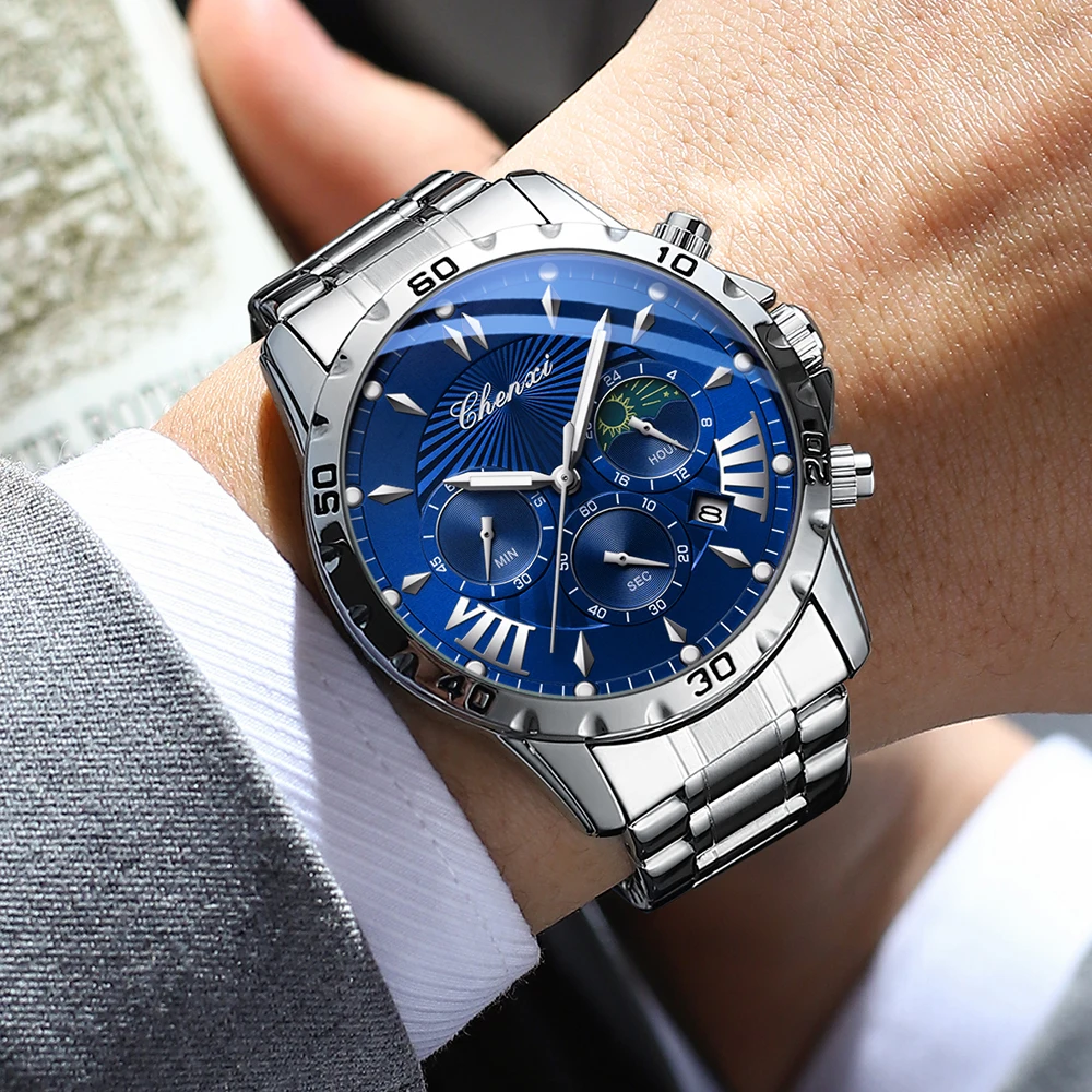 Chenxi Men's Quartz Chronograph Elegant Wild Waterproof Date Display Male Full Stainless Steel High Quality Business Watches