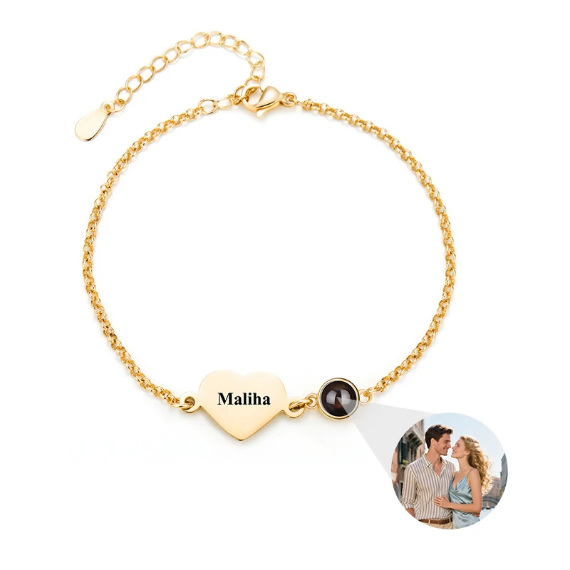 Bracciale con nome personalizzato con braccialetto per proiezione di foto per donna Bracciale con foto a cuore inciso Gioielli commemorativi regalo per migliore amico