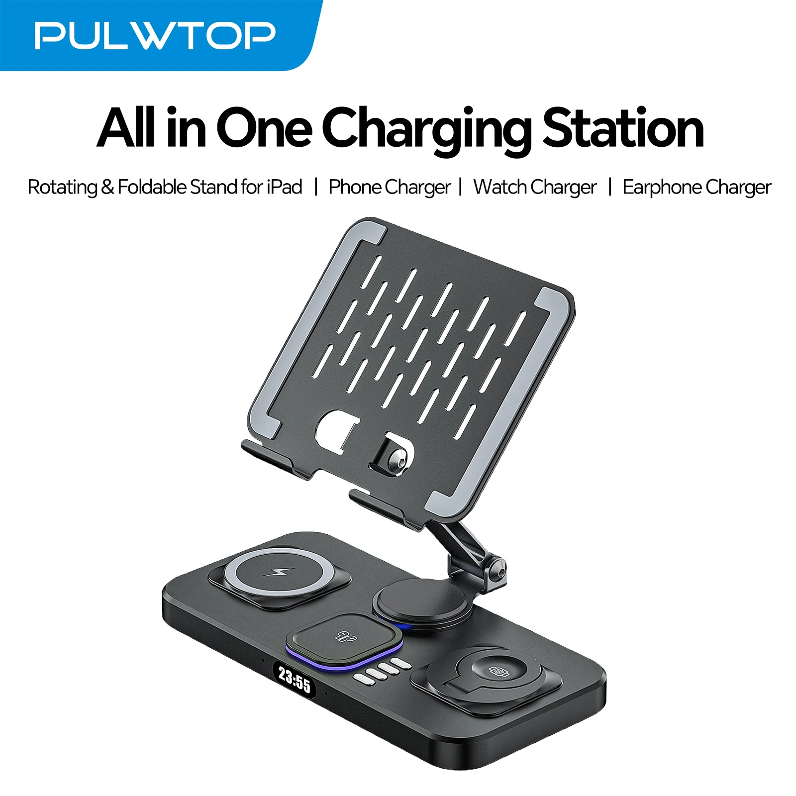 

Беспроводное зарядное устройство PULWTOP для нескольких устройств Apple, зарядная станция с часами и 7-цветной окружающей освещенностью (адаптер в комплект не входит)