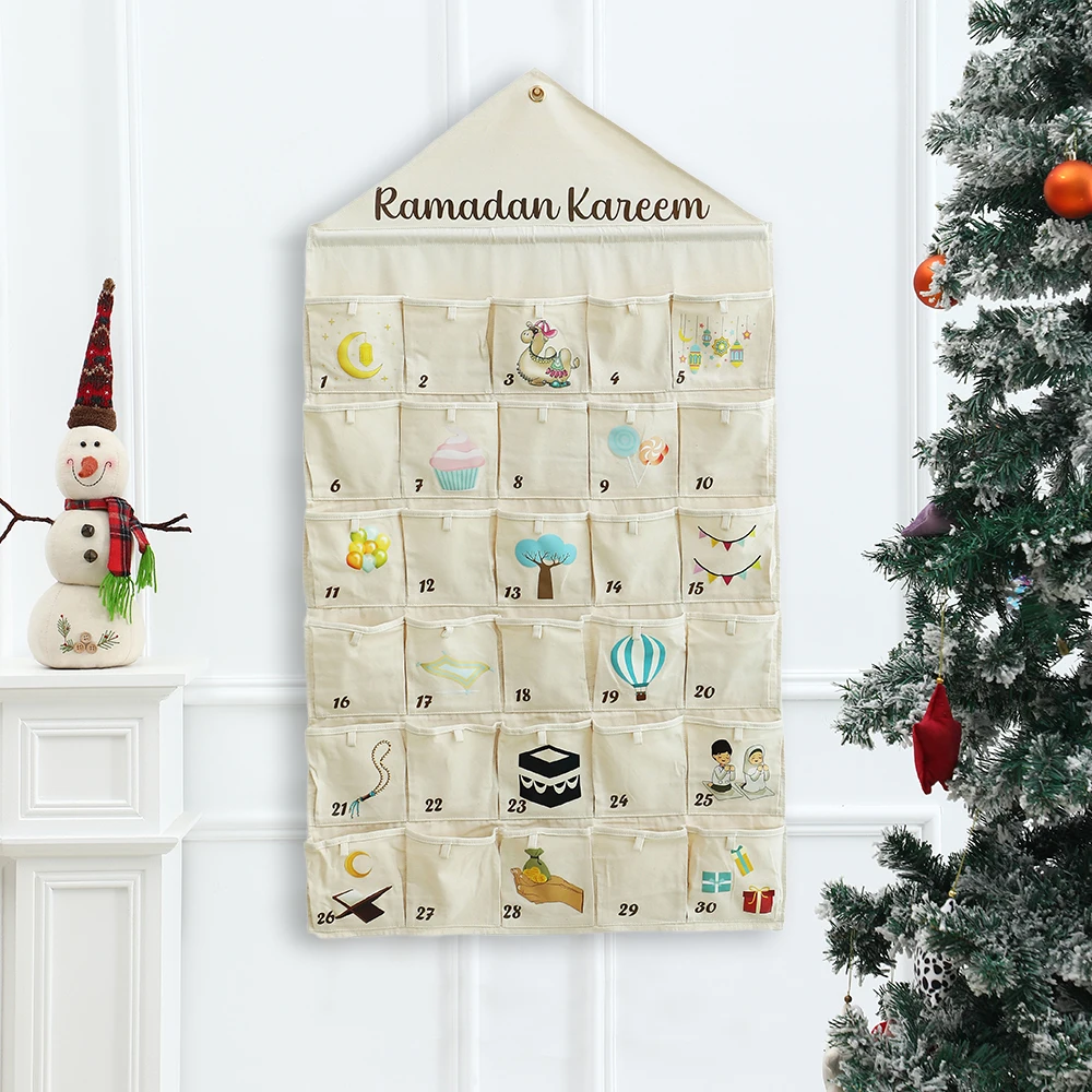 ปฏิทินนับถอยหลังรอมฎอน ปฏิทินนับถอยหลังวันอีดสำหรับเด็ก พร้อมหลังคา ของตกแต่งแขวนผนังรอมฎอนมูบาร็อคสำหรับบ้าน 30 วัน