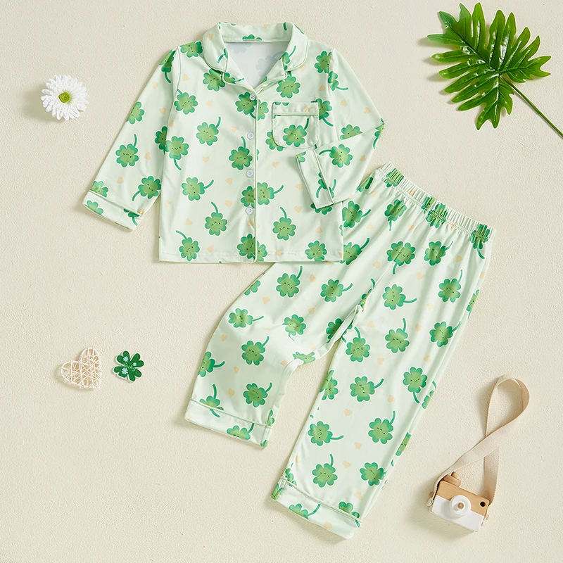 

Kids Toddler Spring Pajama Sets Shamrock Pattern Button V Neck Long Sleeve Tops and Pants Lounge Wear 2 Pcs Set