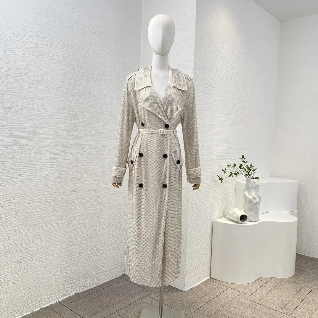 

2023 New High Quality Casual Luxury BeltedOff White Diamonds Midi Coat Women Autumn Winter Clothes