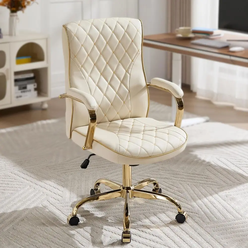 

Vintage Beige Gold Office Desk Chair, Conference Room, Ergonomic Swivel with Rocking and Padded Arms, Adjustable Height