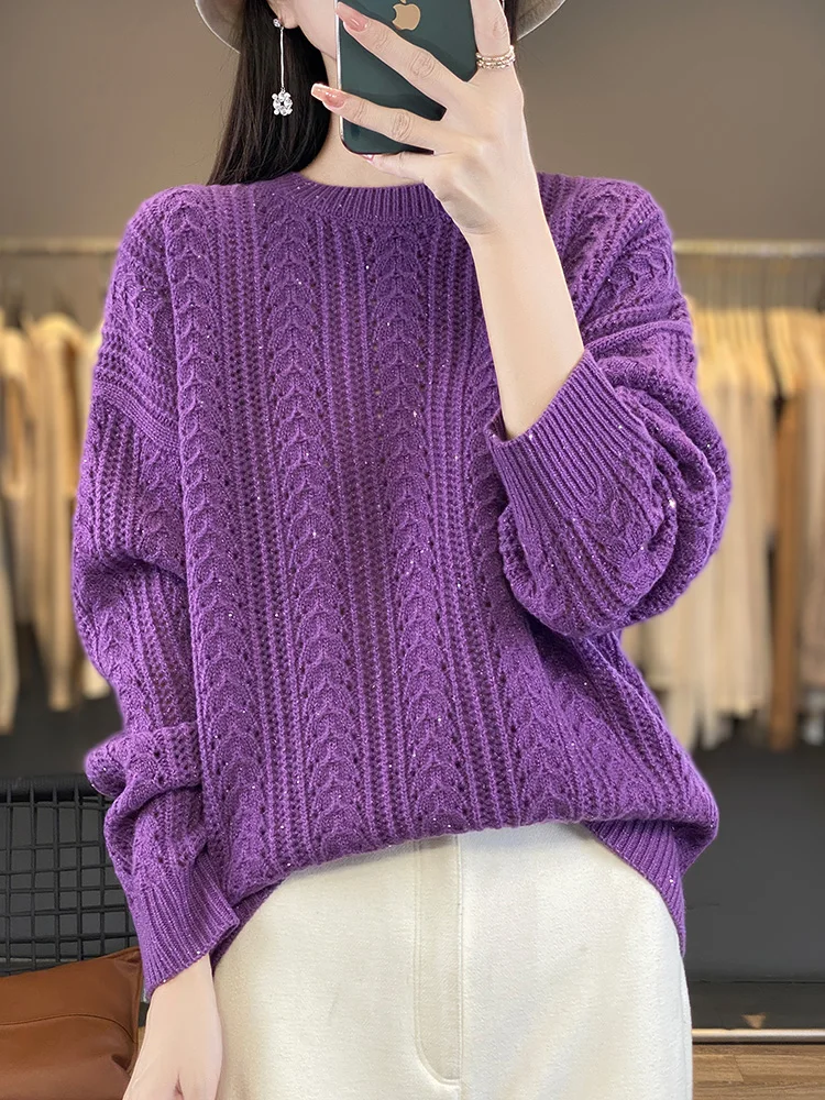 New Arrivals Hollow Out Large Size 100% Merino Wool Women\'s Sweater O-Neck Pullovers Knitted Jumpers Lady Clothes Fashion Trends