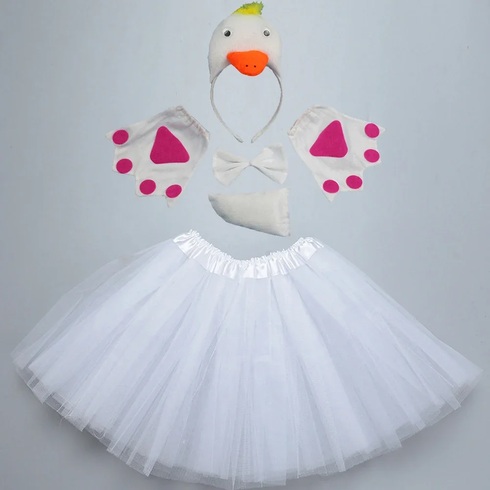 White Yellow Duck Animals Headband Bow Tail Paws Tutu Skirt Set Party Props Headwear Costume Cosplay Wedding Festival