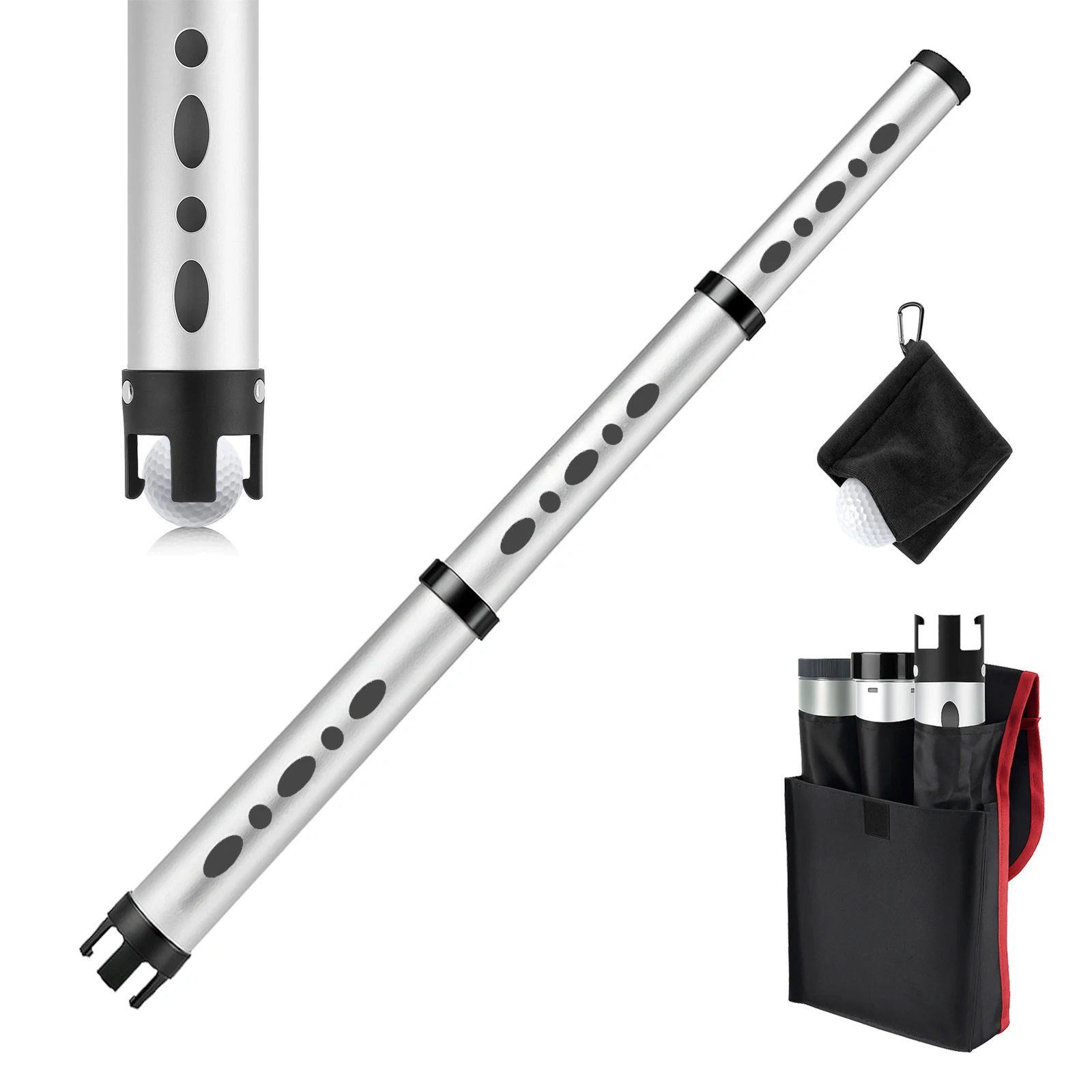 

Алюминиевый сборщик мячей для гольфа, верхняя прочная и портативная трубка для сбора мячей, вмещает 24 мяча для гольфа с сумкой для переноски и полотенцем для мячей