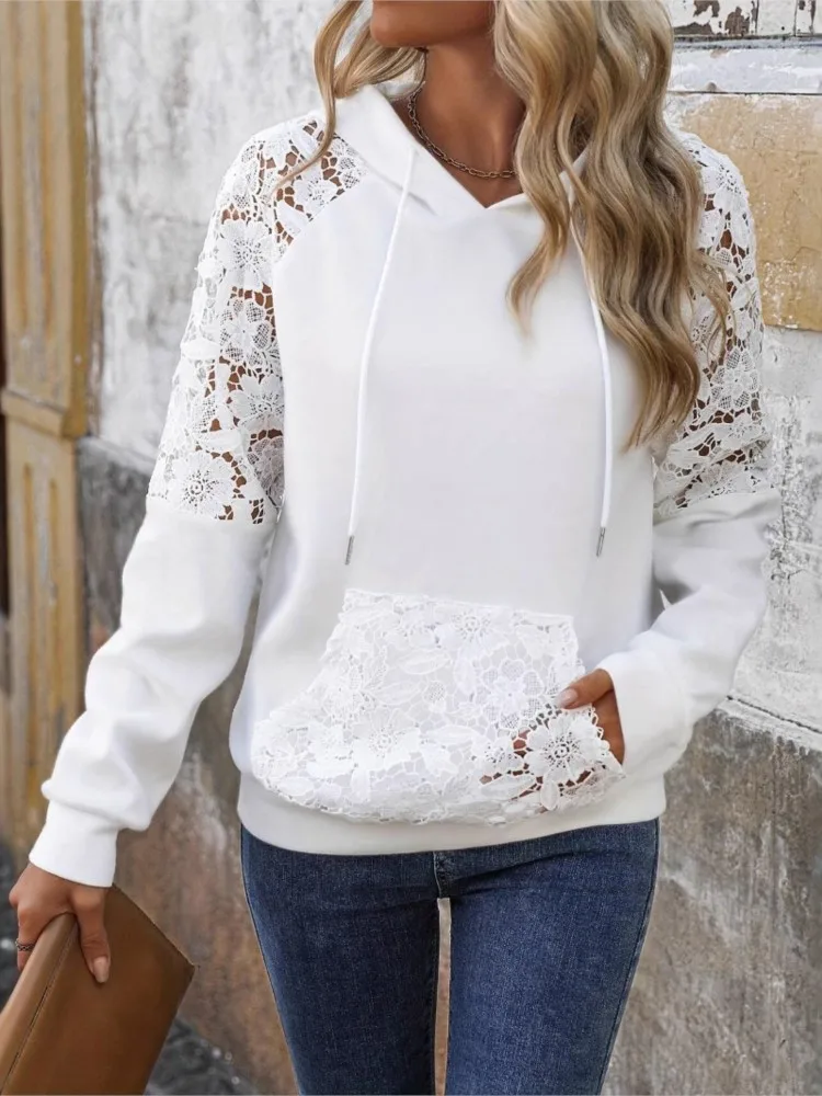 

White Lace Hooded Hoodie For Women Fashion Long Sleeve Hook Flower Hollow Pockets Pullover Tops Lady Casual Sports Clothes New