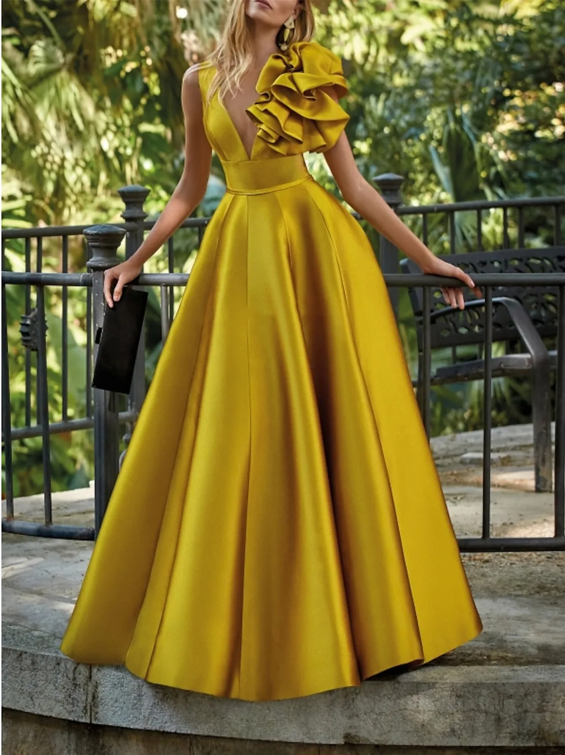 Customized Korean Long Satin Gold Evening Dresses With Bow/Pockets A-Line V-Neck 이브닝 드레스 Floor Length Prom Party Dress for Women