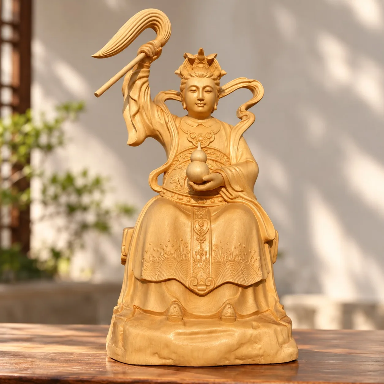 Hand Carved Hinoki Wood Jiutian Xuannü Statue Traditional Asian Feng Shui Home Living Room Tabletop Decor Collectible