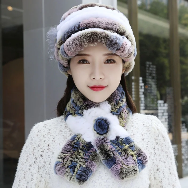 

Winter rex Rabbit Fur Women`s Genuine Hair Hair Thickened lnner Tank Duck Duck Tongue Hat Scarf Set, top 100 Cold Protection Pro