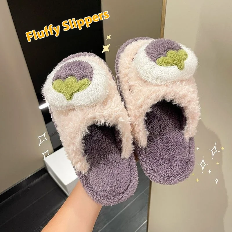 

Women fluffy Cotton Slippers Winter Cartoon Fruit Indoor warm non slip Soft Sole Plush Home Indoor Shoes men Fuzzy flat shoes
