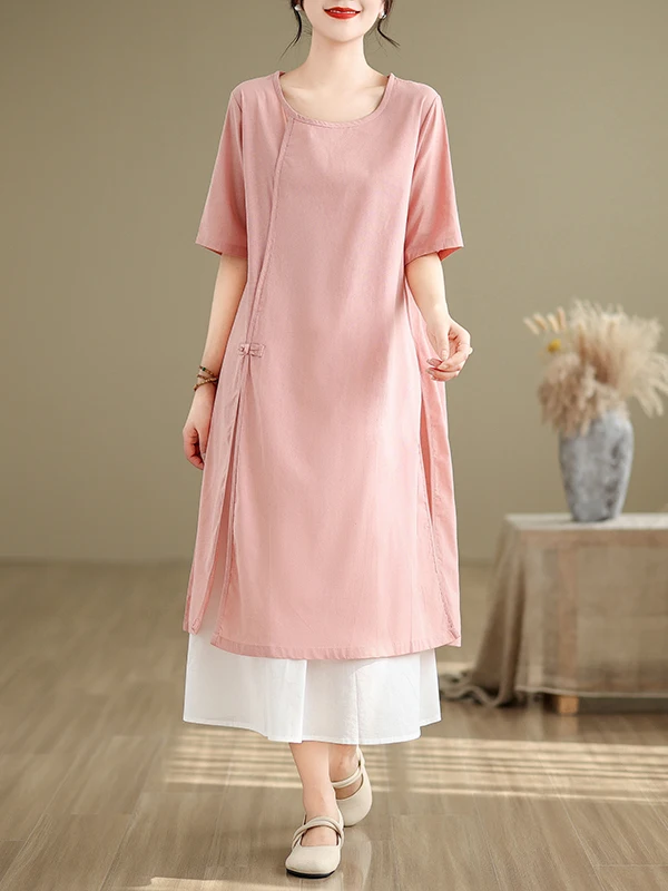 Retro Chinese Button Loose Cotton Women's Dr Boting Skirt Two-Piece Set ort Sve round Ne Pullover Faion Set