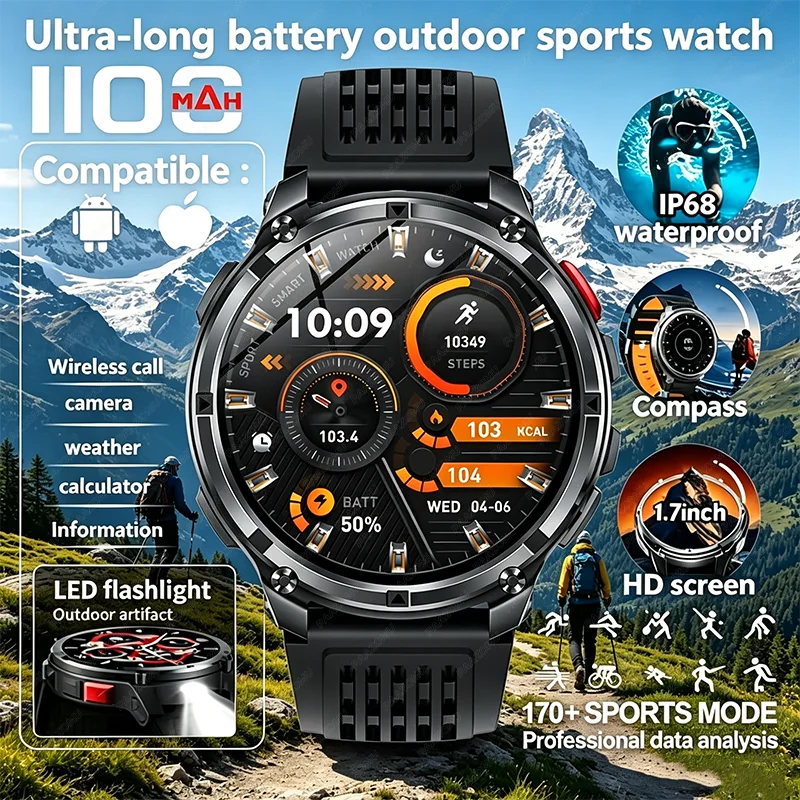 

New Durable Outdoor Men Smart Watch, 1.7” HD large screen, Compass Wireless Call 1100mAh Battery, Fitness Tracker LED flashlight