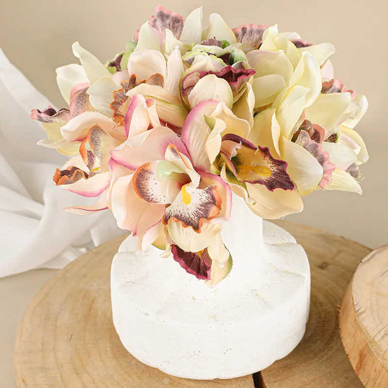 12pcs Artificial Cymbidium Faberi Fake Flowers Floor Standing Bouquet Artificial Orchid Wedding DIY Indoor Table Garden Decor