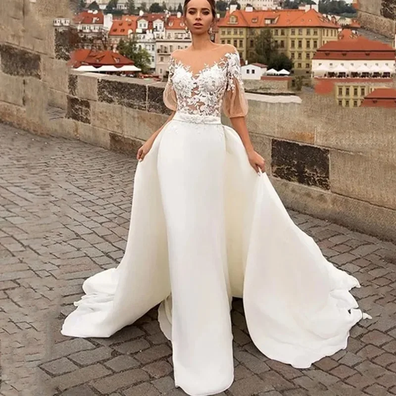 

Customized 2026 With Detachable Half Sleeve Appliques Satin V-neck Robe De Mariage Bridal Gowns Elegant Mermaid Wedding Dress