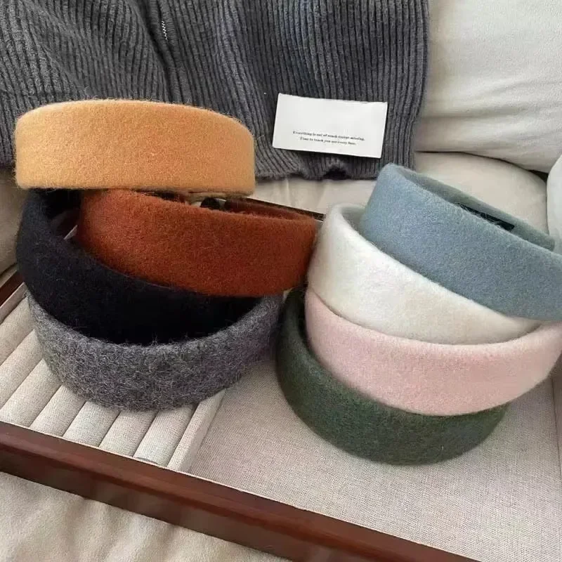 New vintage wool felt headbands solid color wide-brimmed women's woolen tweed out autumn and winter simple headwear