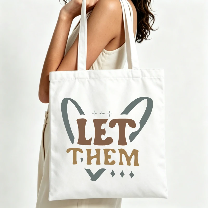 letter print canvas tote bag with abstract animal ears design, perfect for casual daily use and shopping outings