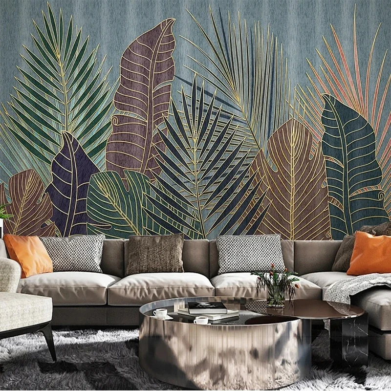 

Custom 3D Wall Mural Luxury Tropical Plant Leaves Golden Embossed Lines Bedroom Background Papel De Parede Fresco Home Décor Art