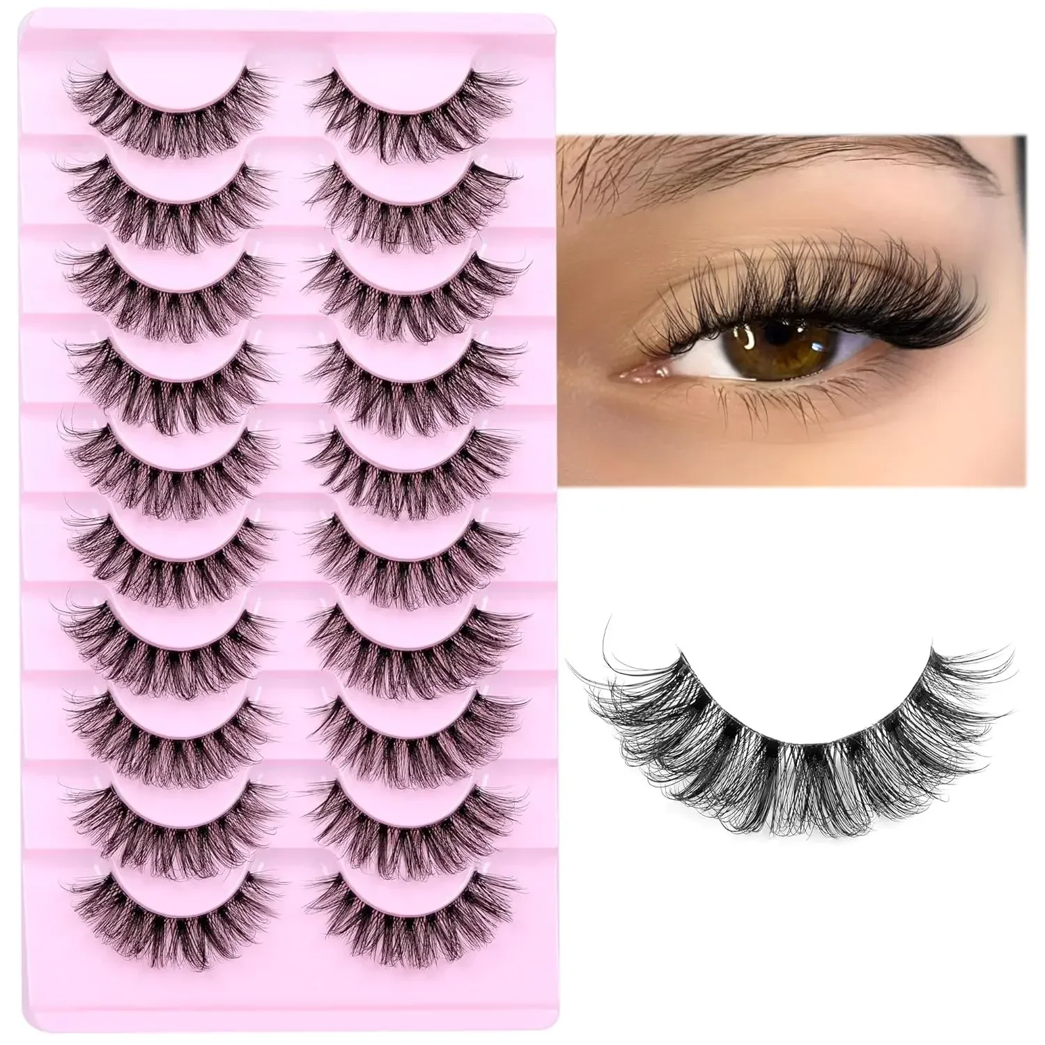 10 Pairs Natural Eyelashes Fluffy Lashes D Curl Eyelashes 3D Volume Wispy False Lashes Strips Clear Band Lashes Pack