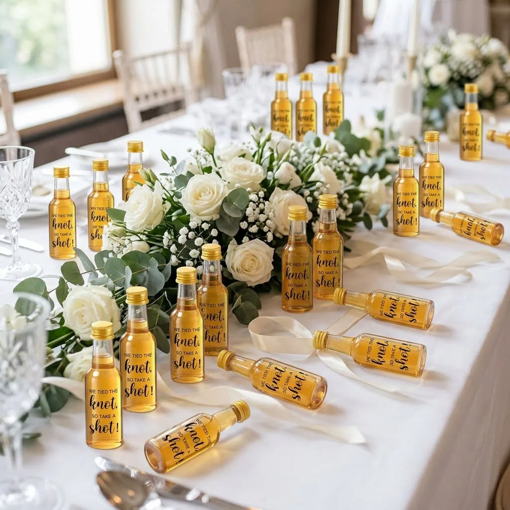 32pcs Mini Plastic Bottles with Labels and Caps,for Bridal Shower Party Favors, DIY Drinks,Welcome Gifts,party Supplies,birthday