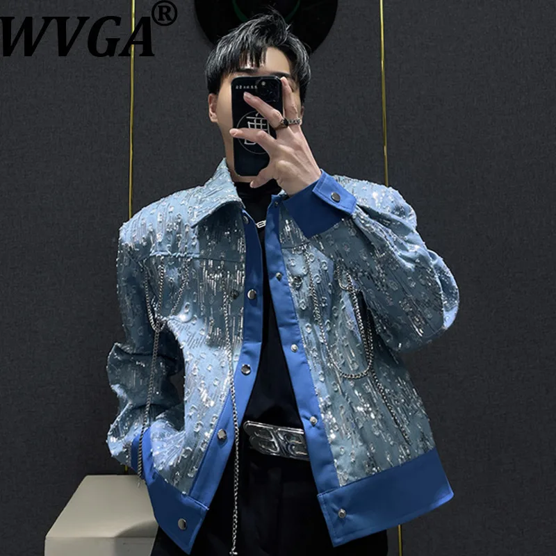 

WVGA Autumn New Men‘s Tide Short Denim Jackets Heavy Sequins Niche Chic Casual Padded Shoulder Turn-Down Collar Coats Ins W1321