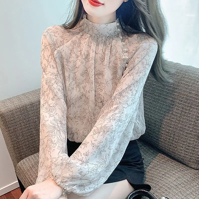 Elegant Stand Collar Printed Folds Beading Chiffon Blouses Female Clothing 2024 Spring New Loose Casual Tops Office Lady Shirts