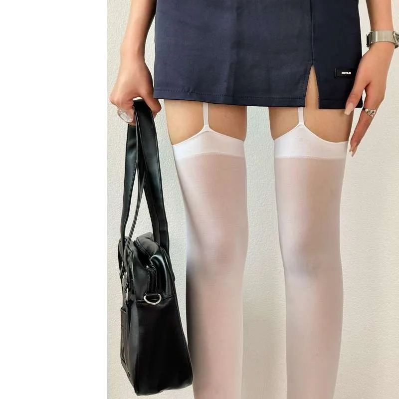 Women Sexy Suspender Thigh High Stockings Velvet Thin Black White Irregular Exposed Skin Lolita JK Japanese Knee High Socks