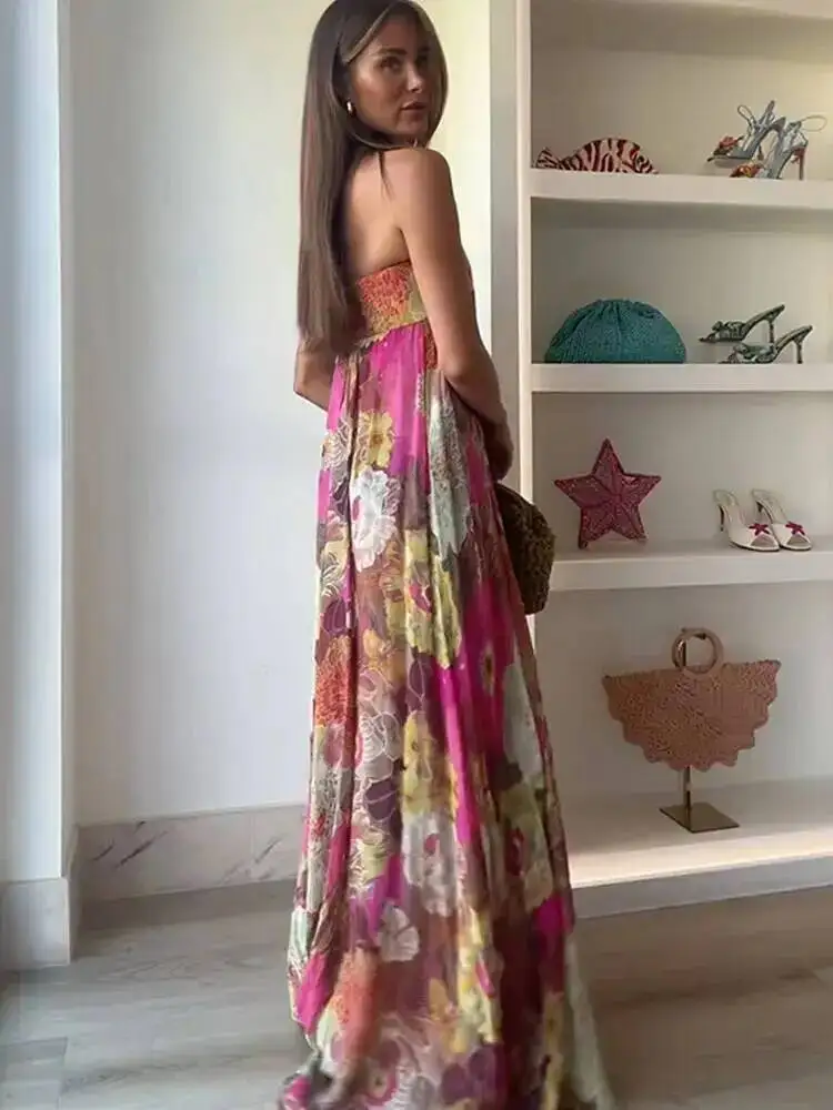 Eleganckie, plisowane sukienki bez ramiączek z nadrukiem, damskie, nowe, bez rękawów, z odkrytymi ramionami, długie sukienki maxi, letnie, eleganckie sukienki na bal, imprezę, damskie vestidos.