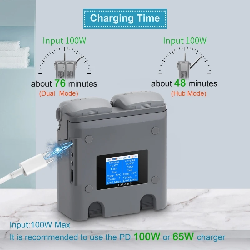 Description Picture 6 of itemTwo Way Battery Charging Hubs Quick for Air 3 Drones 2Batteries Charging Hubs Two Woking Modes Storage &Charging